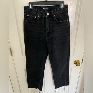 Zara black raw-hemmed straight leg jeans. High waisted